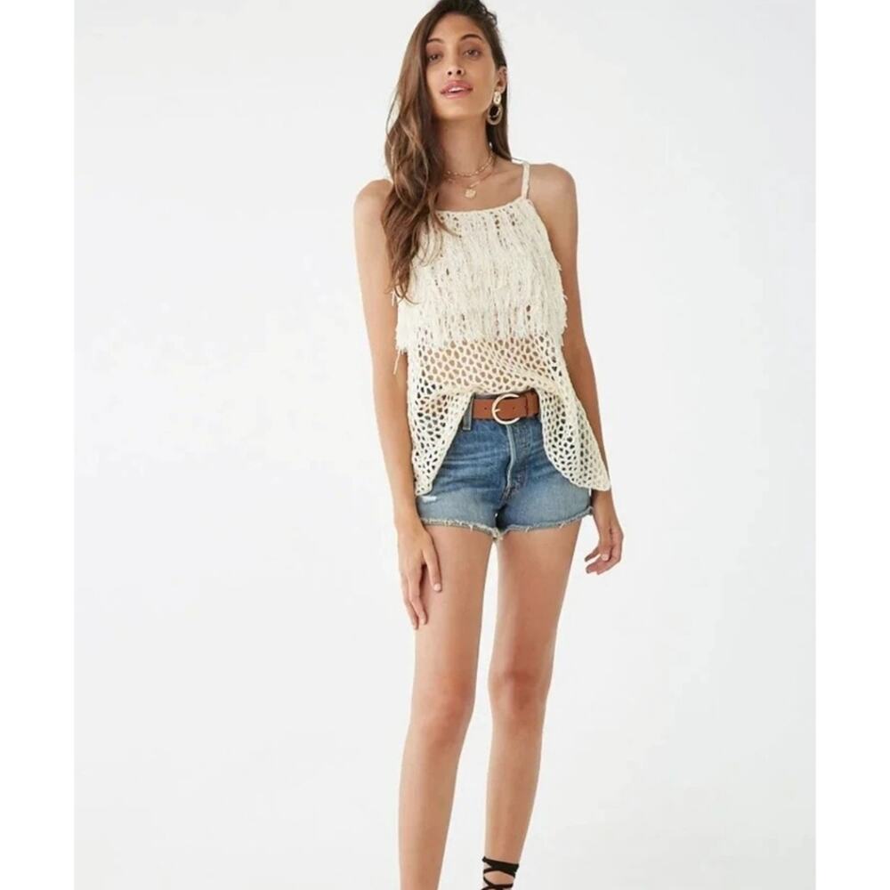 POL Cream Crochet Fringe Fishnet Cami Top Small Boho Cottagecore